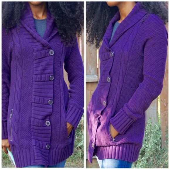 ATHLETA Purple Cable Knit Button Dowm Sweater Jacket Womens Size S - Picture 1 of 8